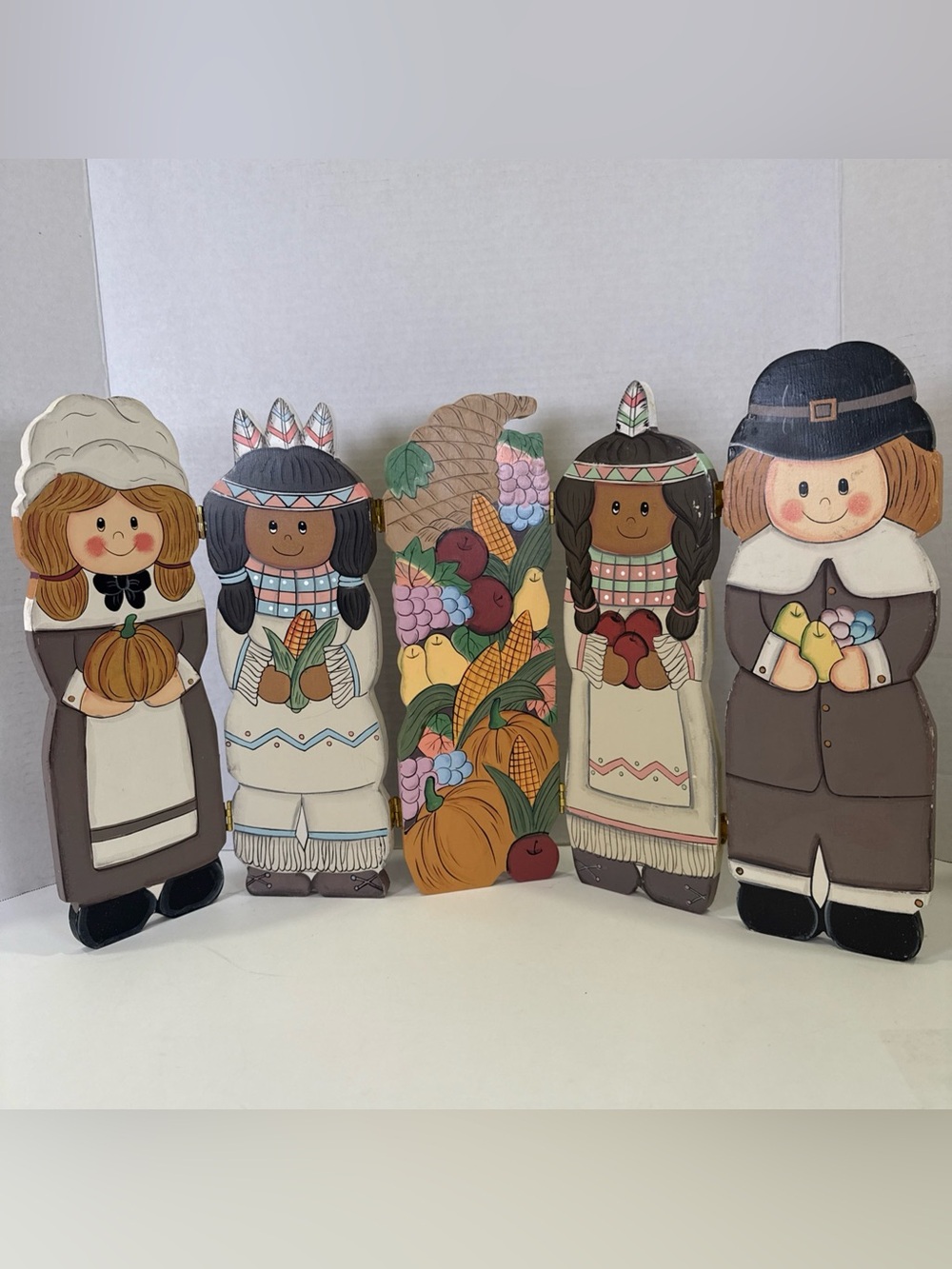 VTG Hand Painted Wood Thanksgiving Harvest 5-Panel Folding Screen Decor 20"x12"